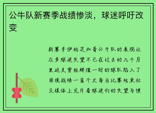 公牛队新赛季战绩惨淡，球迷呼吁改变